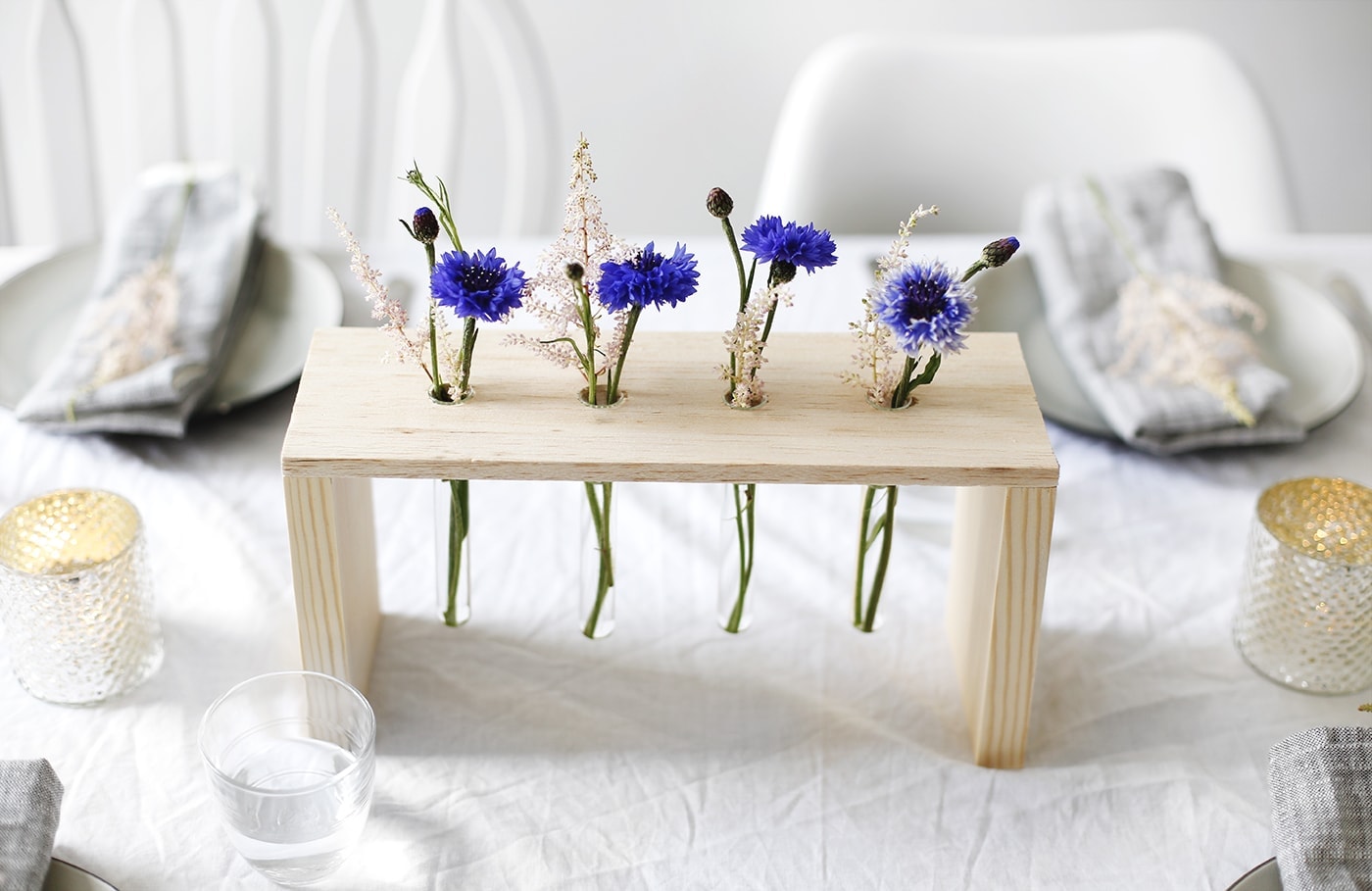 DIY floral table centre made with wood and test tubes | easy craft tutorial perfect for entertaining | home ideas