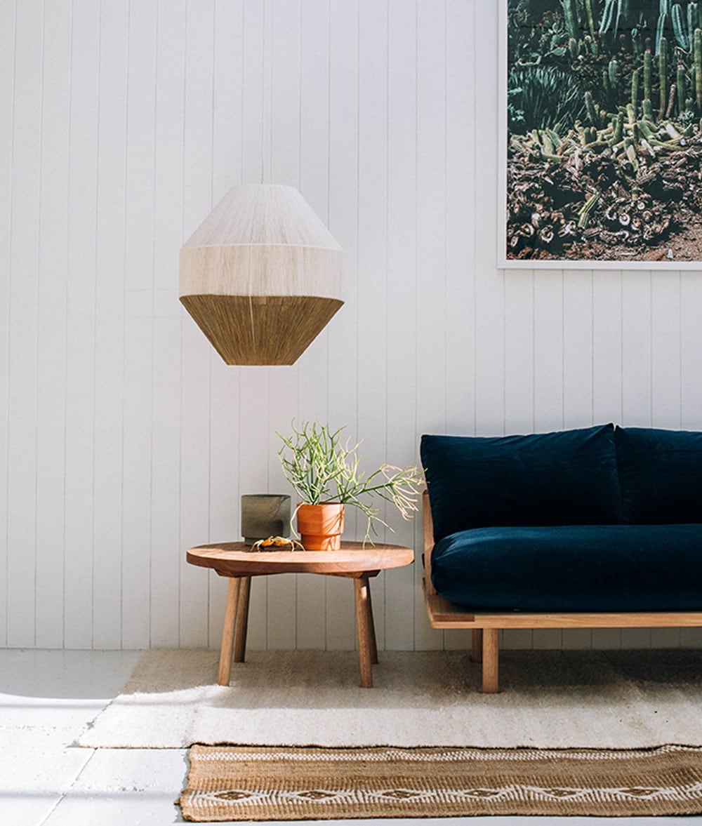 midnight blue velvet sofa | cacti | side table